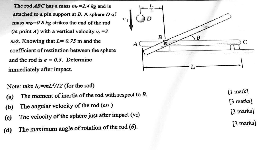 Vi D The Rod Abc Has A Mass Mr 2 4 Kg And Is Attached To A Pin Support At B A Sphere D Of Mass Mp 0 8 Kg Strikes The En 1