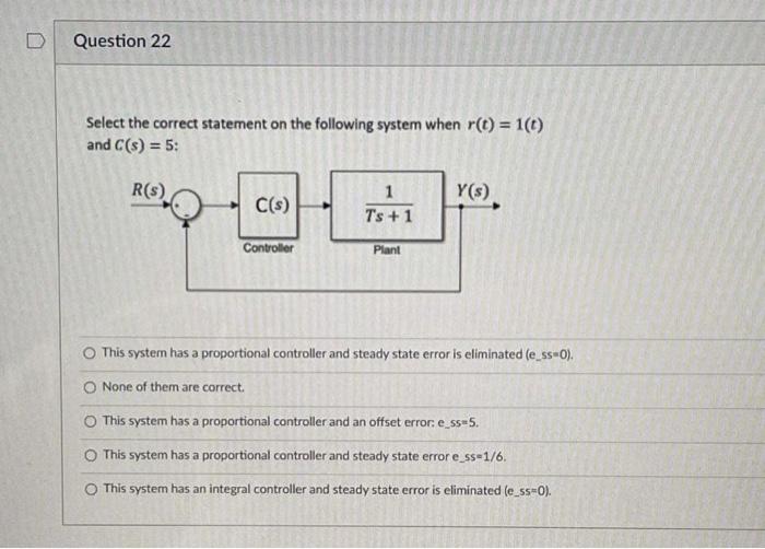D Question 22 Select The Correct Statement On The Following System When R T 1 T And C 5 R S Y C S 1 T S 1