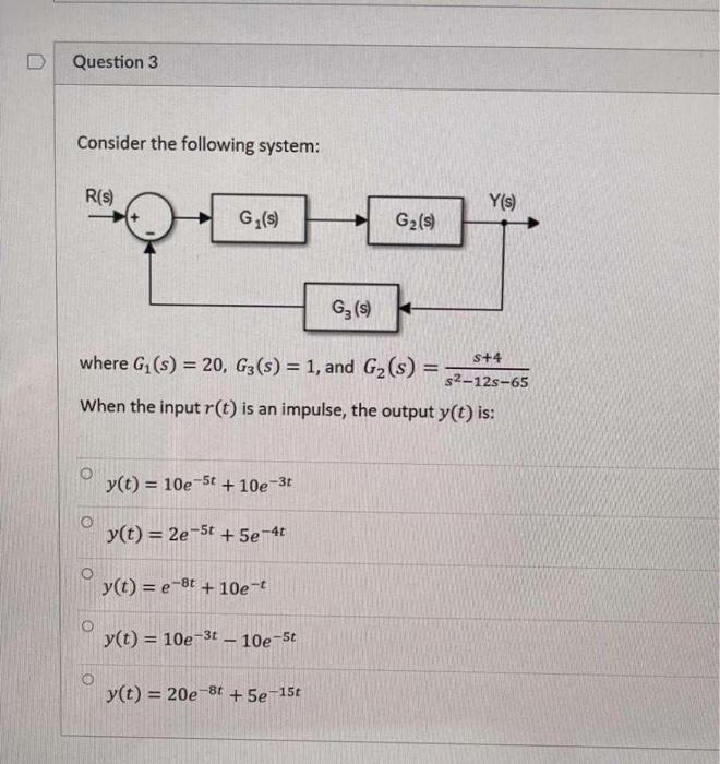 Question 3 Consider The Following System R S Y S G S G2 S G3 S S 4 Where G S 20 G3 S 1 And G2 S S2 12 1