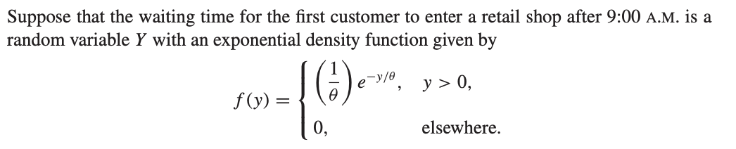 Suppose That The Waiting Time For The First Customer To Enter A Retail Shop After 9 00 A M Is A Random Variable Y With 1