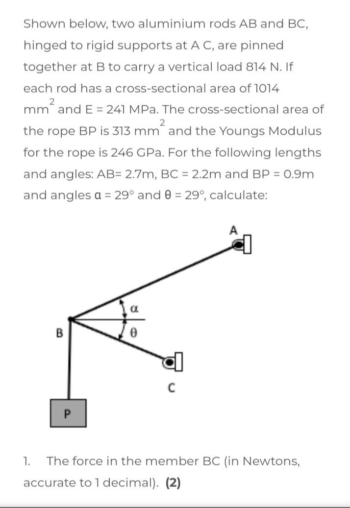 Shown Below Two Aluminium Rods Ab And Bc Hinged To Rigid Supports At A C Are Pinned Together At B To Carry A Vertical 1