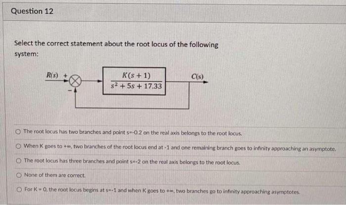 Question 12 Select The Correct Statement About The Root Locus Of The Following System R 3 C S K S 1 S2 5s 17 3 1