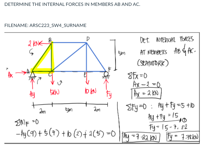 Determine The Internal Forces In Members Ab And Ac Filename Arsc223 Sw4 Surname B 5m D 2 Knk Det Internal Forces At Me 1