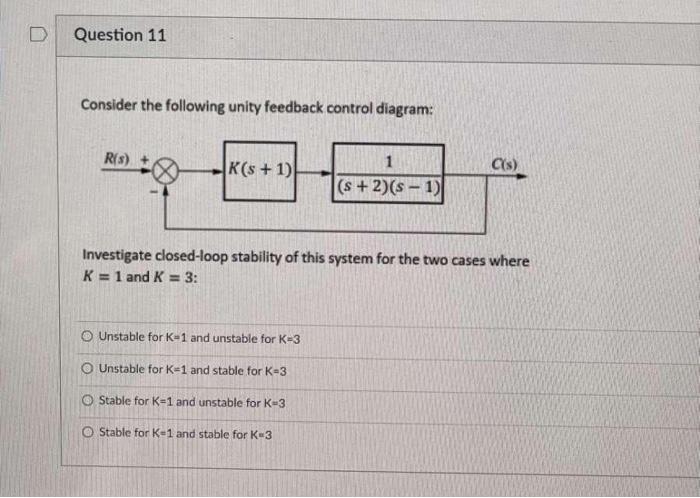 D Question 11 Consider The Following Unity Feedback Control Diagram R S K 8 1 C S 1 S 2 S 1 Investigate Clo 1