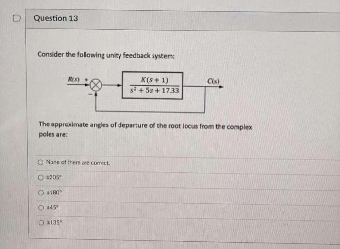 D Question 13 Consider The Following Unity Feedback System R S K S 1 52 53 17 33 C S The Approximate Angles Of 1