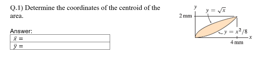 Q 1 Determine The Coordinates Of The Centroid Of The Area Y V 2 Mm Y X2 8 Answer Y 4 Mm 1