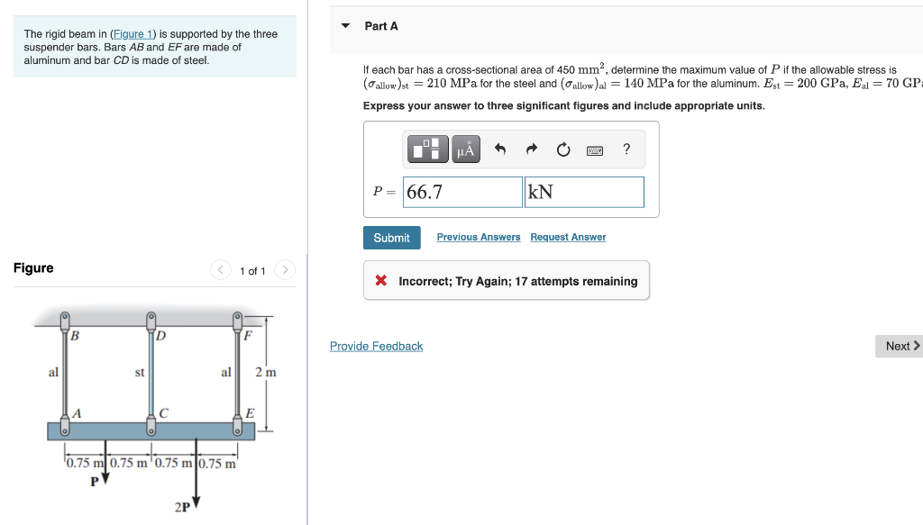 Part A The Rigid Beam In Figure 1 Is Supported By The Three Suspender Bars Bars Ab And Ef Are Made Of Aluminum And Ba 1