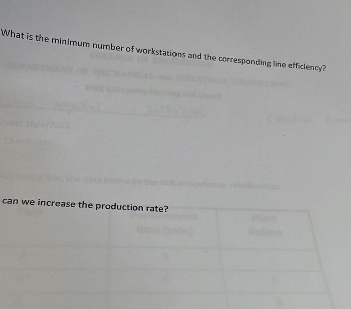 For A Manufacturing Line The Data Below On The Task Precedence Relationships Exist Task Performance Time Min Must Fol 2