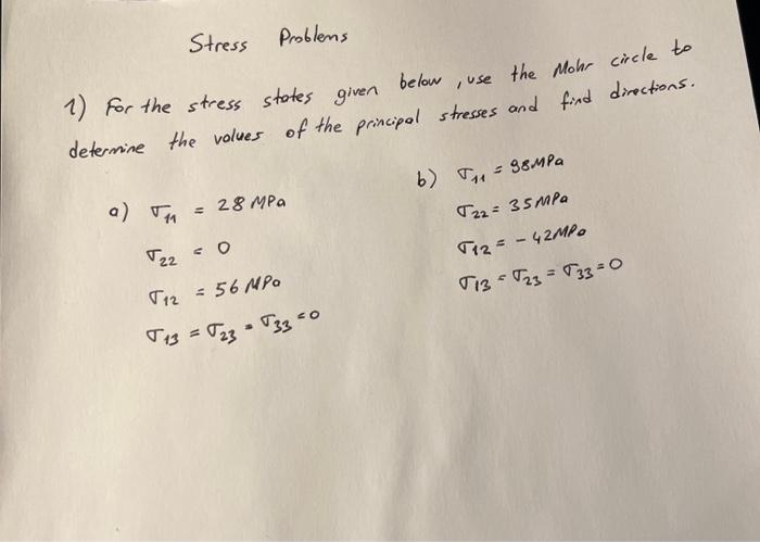 Stress Problems 1 For The Stress States Given Below Use The Mohr Circle To Determine The Volues Of The Principal Stresse 1