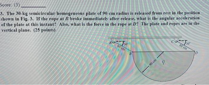 Score 3 3 The 30 Kg Semicircular Homogeneous Plate Of 90 Cm Radius Is Released From Rest In The Position Shown In Fi 1