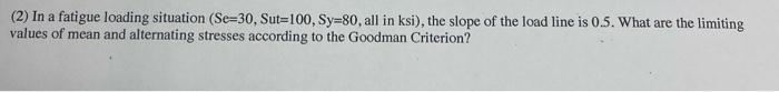 2 In A Fatigue Loading Situation Se 30 Sut 100 Sy 80 All In Ksi The Slope Of The Load Line Is 0 5 What Are The 1