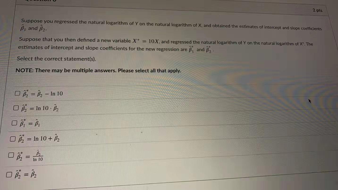 2pts Suppose You Regressed The Natural Logarithm Of Y On The Natural Logarithm Of X And Obtained The Estimates Of Inter 1