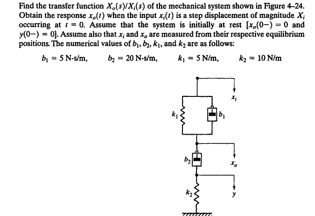 Find The Transfer Function Xo S X S Of The Mechanical System Shown In Figure 4 24 Obtain The Response Xo T When The 1
