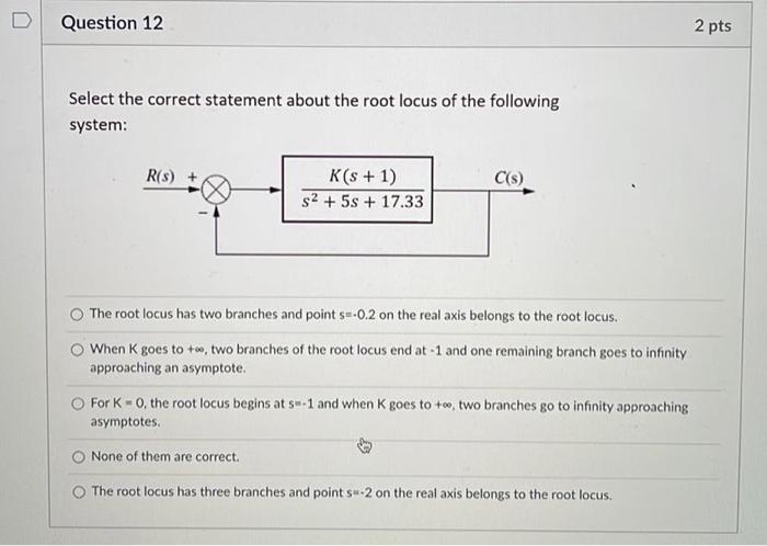 D Question 12 2 Pts Select The Correct Statement About The Root Locus Of The Following System R S K S 1 S2 5s 17 1