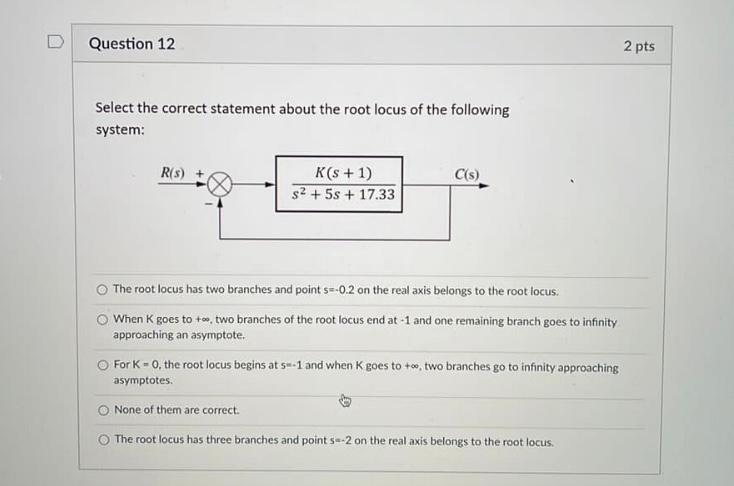 Question 12 2 Pts Select The Correct Statement About The Root Locus Of The Following System R S K S 1 5s 17 33 1