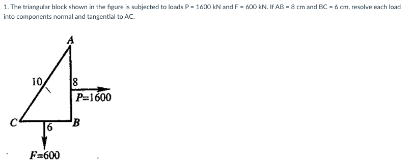 1 The Triangular Block Shown In The Figure Is Subjected To Loads P 1600 Kn And F 600 Kn If Ab 8 Cm And Bc 6 Cm 1