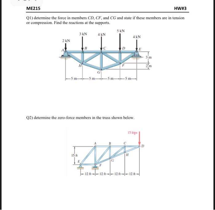 Me215 Hw 3 1 Determine The Force In Members Cd Cf And Cg And State If These Members Are In Tension Or Compression F 1