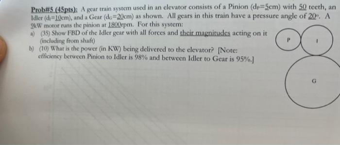 Prob 5 45pts A Gear Train System Used In An Elevator Consists Of A Pinion Dp 5cm With 50 Teeth An Idler D 10cm 1