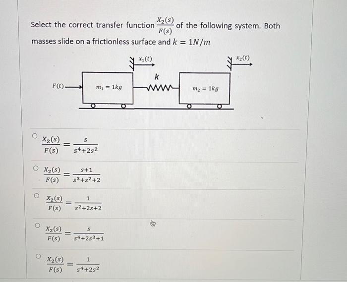 Select The Correct Transfer Function Z 5 Of The Following System Both F S Masses Slide On A Frictionless Surface And 1