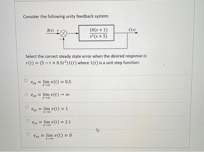 Consider The Following Unity Feedback System R S C S 10 S 1 S S 5 Select The Correct Steady State Error When Th 1