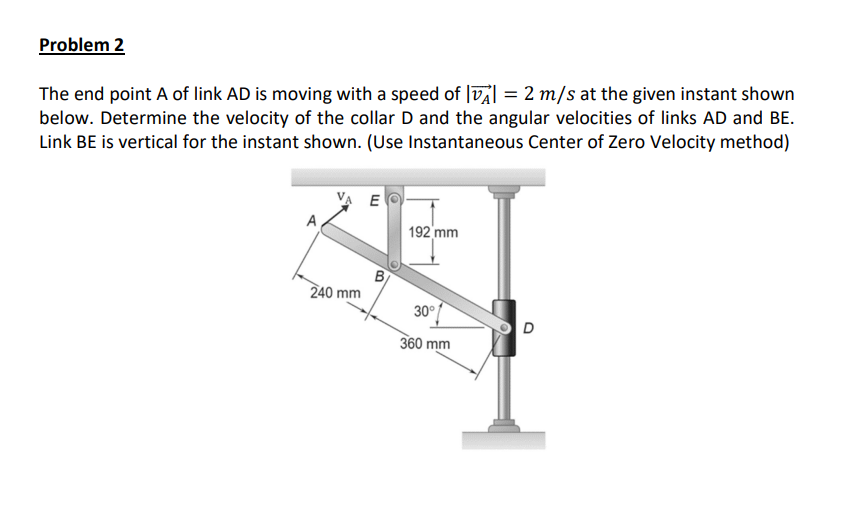 Problem 2 The End Point A Of Link Ad Is Moving With A Speed Of Vai 2 M S At The Given Instant Shown Below Determine T 1