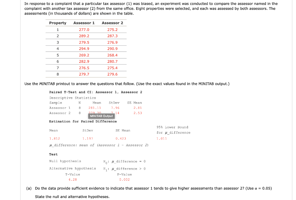 In Response To A Complaint That A Particular Tax Assessor 1 Was Biased An Experiment Was Conducted To Compare The Ass 1