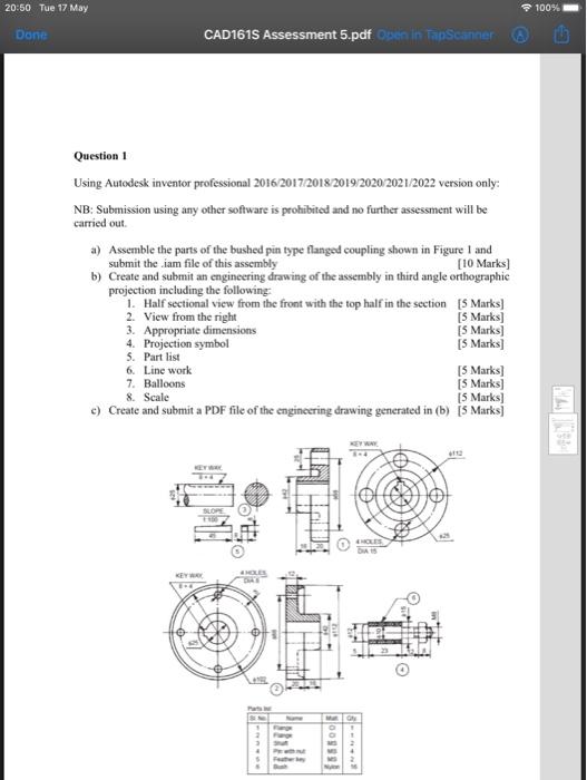 20 50 Tue 17 May 100 Done Cad1615 Assessment 5 Pdf Open In Tapscanner Ch Question 1 Using Autodesk Inventor Profession 1