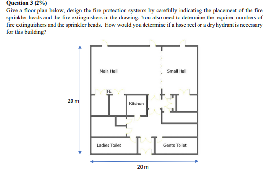 Question 3 2 Give A Floor Plan Below Design The Fire Protection Systems By Carefully Indicating The Placement Of The 1