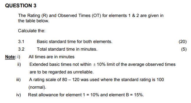 Question 3 The Rating R And Observed Times Ot For Elements 1 2 Are Given In The Table Below Calculate The 20 1