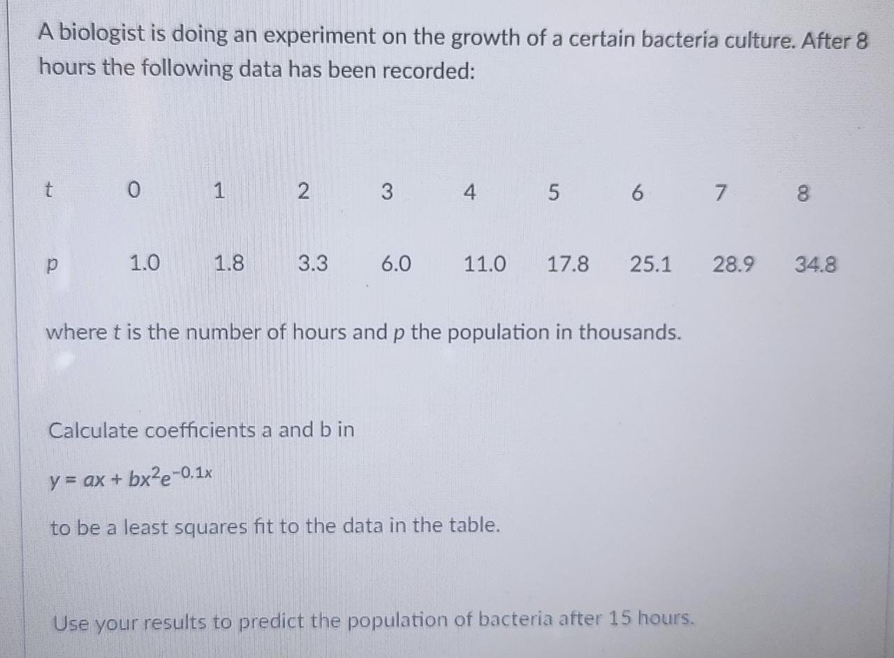 A Biologist Is Doing An Experiment On The Growth Of A Certain Bacteria Culture After 8 Hours The Following Data Has Bee 1