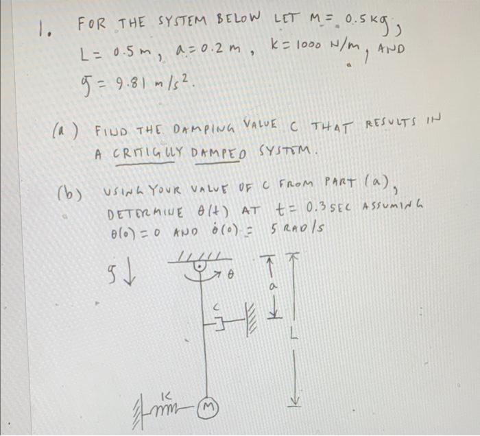 1 M 0 5kg K 1000 N M And For The System Below Let M 0 5 L 0 5m A 0 2m K 1000 N 1 9 9 81 M S2 La Find The 1