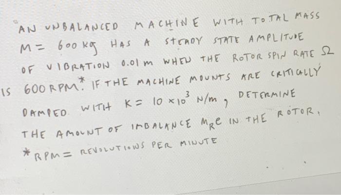 An Unbalanced Machine With Total Mass M 600kg Has A Secady State Amplitude Of Vibration 0 01 M When The Rotor Spin Rate 1