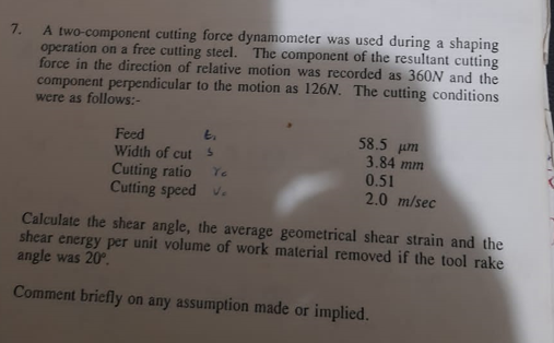 7 A Two Component Cutting Force Dynamometer Was Used During A Shaping Operation On A Free Cutting Steel The Component 1