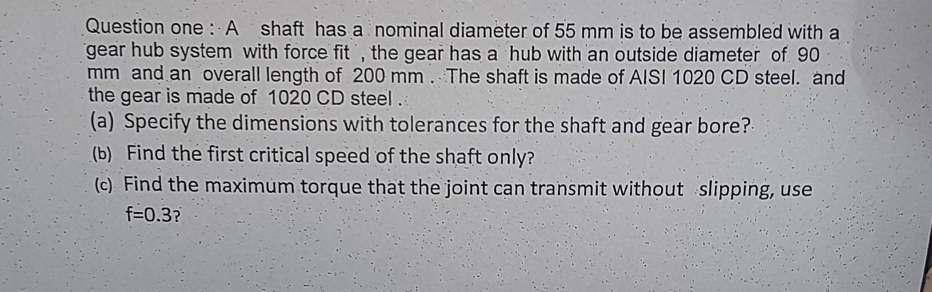 Question One A Shaft Has A Nominal Diameter Of 55 Mm Is To Be Assembled With A Gear Hub System With Force Fit The Gea 1
