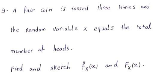 9 A Fair Coin Is Tossed Three Times And The Random Variable X Equals The Total Number Of Heads Find And Sketch Fx X A 1