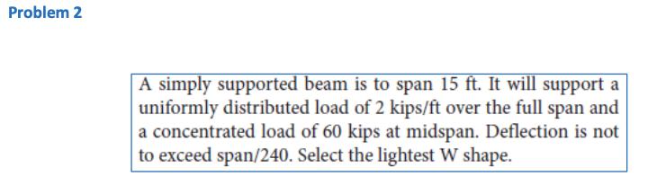 Problem 2 A Simply Supported Beam Is To Span 15 Ft It Will Support A Uniformly Distributed Load Of 2 Kips Ft Over The F 1