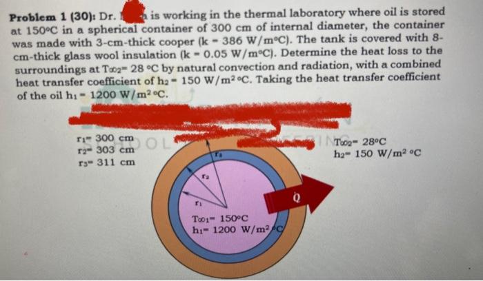 Problem 1 30 Dr Is Working In The Thermal Laboratory Where Oil Is Stored At 150 C In A Spherical Container Of 300 Cm 1