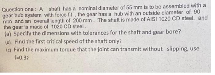 Question One A Shaft Has A Nominal Diameter Of 55 Mm Is To Be Assembled With A Gear Hub System With Force Fit The Gea 1