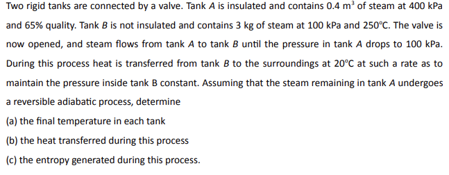 Two Rigid Tanks Are Connected By A Valve Tank A Is Insulated And Contains 0 4 M Of Steam At 400 Kpa And 65 Quality Ta 1