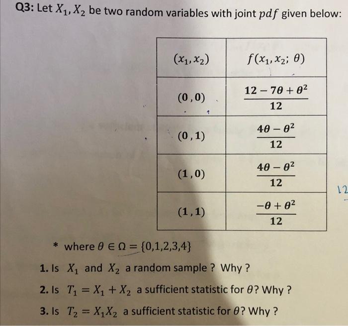 Q3 Let X1 X Be Two Random Variables With Joint Pdf Given Below X1 X2 F X1 X2 0 0 0 12 70 02 12 1 40 02 1