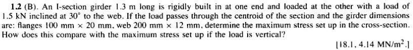 1 2 B An I Section Girder 1 3 M Long Is Rigidly Built In At One End And Loaded At The Other With A Load Of 1 5 Kn Inc 1