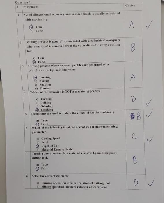 Question 1 Statement Choice 1 Good Dimensional Accuracy And Surface Finish Is Usually Associated With Machining A True 1