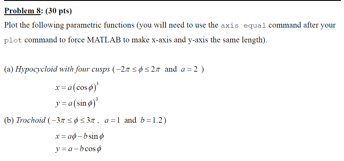 Problem 8 30 Pts Plot The Following Parametric Functions You Will Need To Use The Axis Equal Command After Your Plot 1