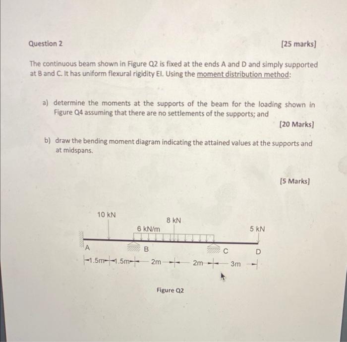 Question 2 25 Marks The Continuous Beam Shown In Figure Q2 Is Fixed At The Ends A And D And Simply Supported At B And 1