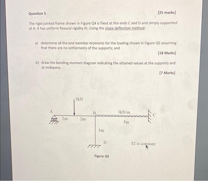 Question 5 25 Marks The Rigid Jointed Frame Shown In Figure Q4 Is Fixed At The Ends C And D And Simply Supported At A 1