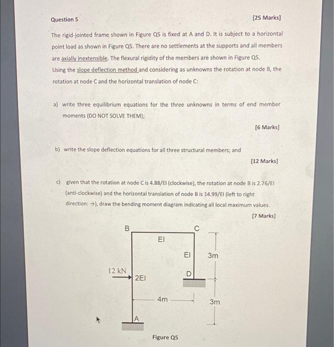 Question 5 25 Marks The Rigid Jointed Frame Shown In Figure Q5 Is Fixed At A And D It Is Subject To A Horizontal Poin 1