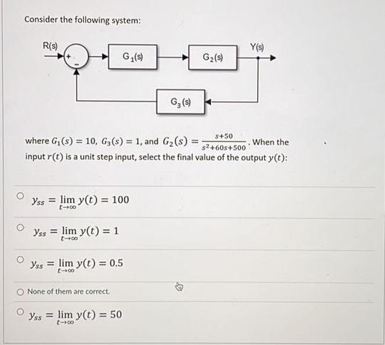 Consider The Following System R S Y S G G2 S G S 5 50 Where Gr S 10 G S 1 And G S 2 60s 500 When The 1