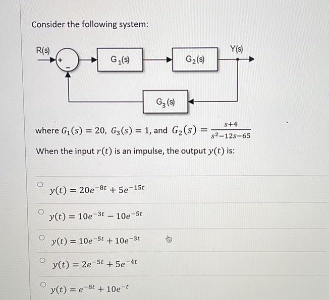 Consider The Following System R S Y S Gl S G2 S G2 S Where G1 S 20 G3 S 1 And G2 S S 4 2 12s 65 When 1