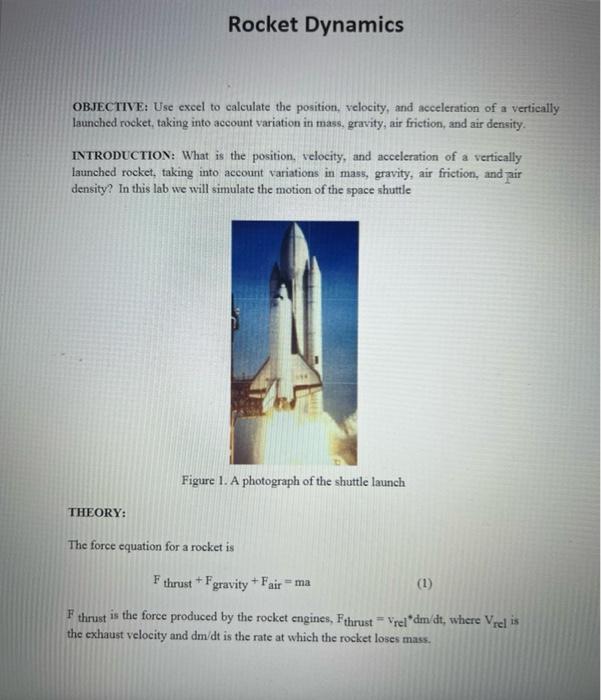 Rocket Dynamics Objective Use Excel To Calculate The Position Velocity And Acceleration Of A Vertically Launched Rock 1