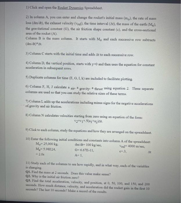 Rocket Dynamics Objective Use Excel To Calculate The Position Velocity And Acceleration Of A Vertically Launched Rock 4